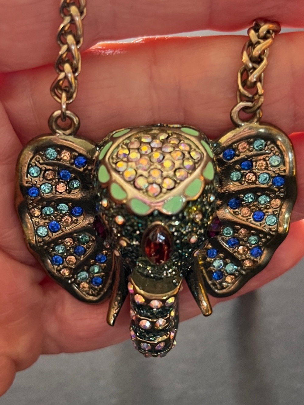 Betsey Johnson Elephant Rhinestone Statement Necklace Gold Tone